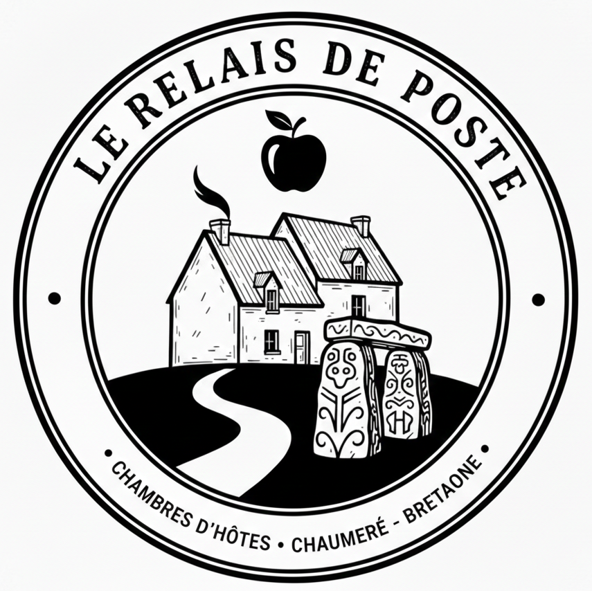 logo le relais de poste 35 qui est notre maison avec un dolmen et une pomme au dessus
